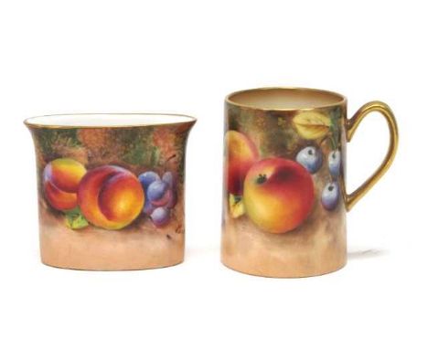 A Royal Worcester Porcelain Match Holder, painted with ripening fruit against a mossy woodland bank, signed indistinctly, bla