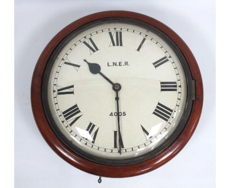 Railway Interest: A L.N.E.R. Railway Mahogany Cased Wall Clock, the circular white enamel dial with Roman numerals and inscri