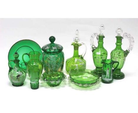 A Collection of Late Victorian Mary Gregory and Other Painted Green Glass, to include: a biscuit jar, cover and stand, four e