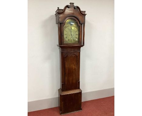 A Late XVIII Century Mahogany Eight Day Moonface Longcase Clock, with swan neck pediment and arched door to brass moon faced 