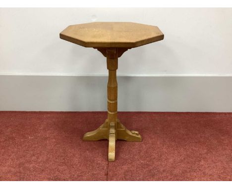 Colin Almack 'Beaverman' Wine Table, with octagonal top on turned and block pedestal on 'X' stretcher base, with carved beave