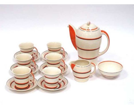 A Susie Cooper Art Deco Pottery Coffee Service, painted with orange and black bands against a cream ground, comprising: coffe