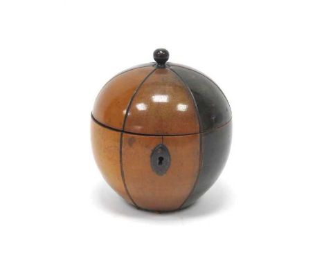 A XIX Century Treen Continental Tea Caddy, of ovoid form with turned finial, six segmented body, hinged cover and metal escut