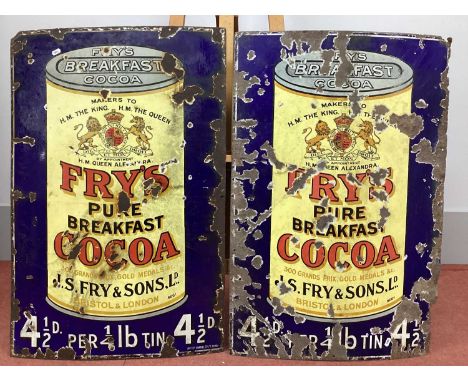 Two Vintage Enamel Signs 'Fry's Pure Breakfast Cocoa', the pale yellow tins against blue grounds, 91 x 60cm (A/F). (2)