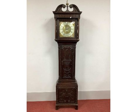 XVIII and Later Carved Oak Eight-Day Longcase Clock, the hood with swan neck pediment, square door with column supports, bras