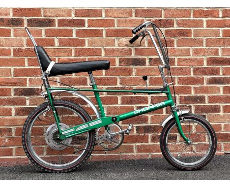 Raleigh Chopper Mk1 (1970) bicycle in rare ‘Flamboyant Green’. 3-speed AWT shifter Sturmey Archer gears. Rear hub date stampe