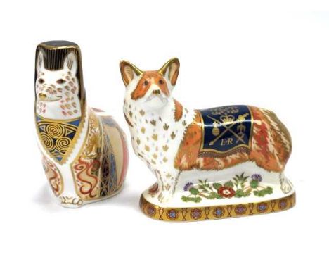 Two Royal Crown Derby Porcelain Paperweights, 'Welsh Corgi', No 423 of a limited edition of 500, signed by the artists, no st