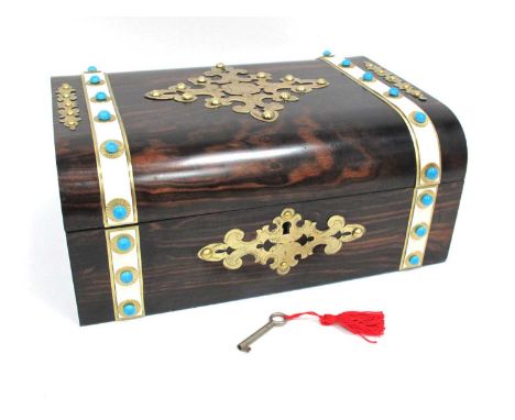 A Mid XIX Century Coromandel Jewellery Box, with elaborate brass mounts and faux ivory bands inset with turquoise stones and 