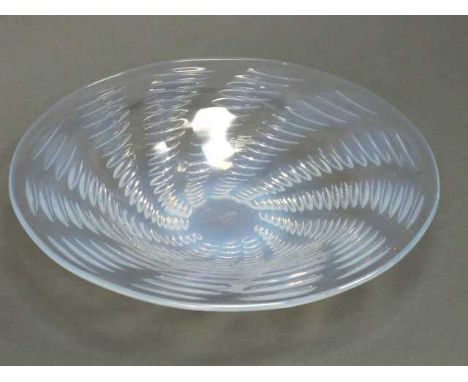 A R. Lalique, France Opalescent Glass Dish, of shallow circular form, moulded with bands of swirling oval, etched mark, 25cm 
