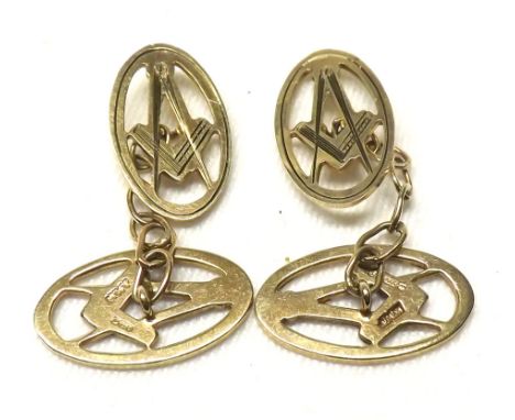 Pair of hallmarked 9ct Gold Masonic Cufflinks, each panel pierced with a compass and set square