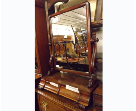 A large Victorian Mahogany Dressing Table Mirror, the mirror plate with scrolled supports, raised on a two drawer base, 24” w