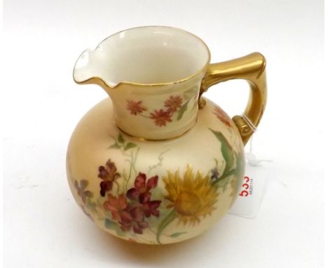 A Royal Worcester Blush Compressed Jug of circular form, typically decorated with spring flowers on a blush ground of gilded 