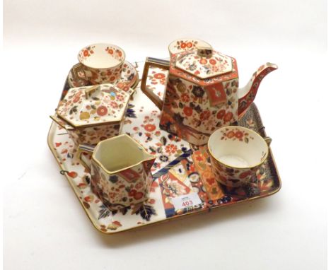 Ridgeways Old Derby pattern teaset comprising teapot, covered sugar basin, milk jug and three cups and saucers together with 