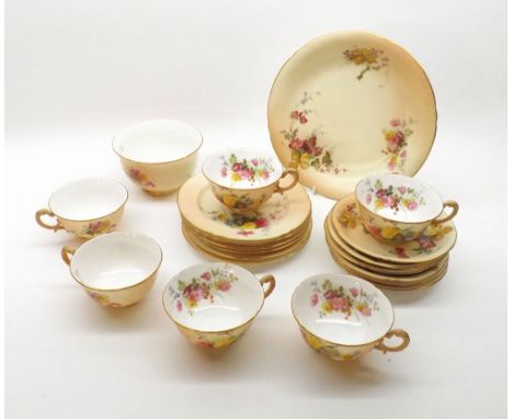Royal Worcester Blush Part Tea Service, all painted in colours of spring flowers on a blush ground within gilded borders, com