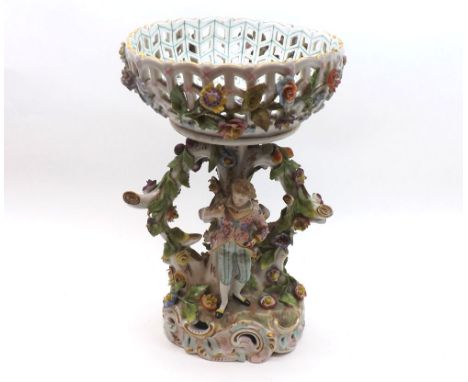 A 20th Century Continental Pedestal Table Basket, the base formed as a figure beside a tree trunk, decorated throughout with 