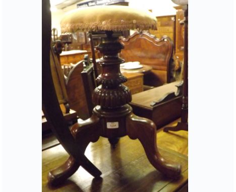 A Victorian Mahogany Piano Stool, the round fabric top raised on a heavy column and tripod base, 21” high 