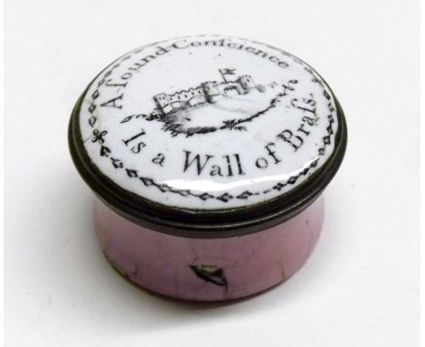 A Bilston Enamel Snuff Box, circular shaped, (the pink enamelling to the base with several defects), the lid intact and inscr