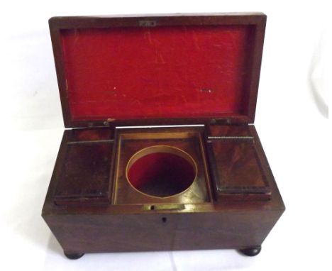 19th Century mahogany Sarcophagus form tea caddy, interior with two storage boxes and central ring for mixing bowl, body rais