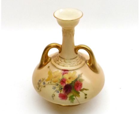 A Royal Worcester Two Handled Vase of conical baluster form, painted in colours of spring flowers on a blush ground with furt