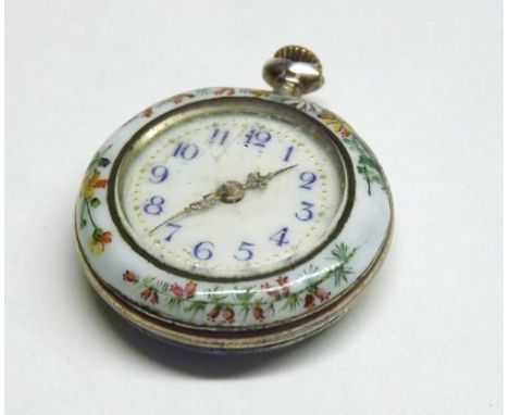 A first quarter of the 20th Century Ladies small enamel Fob Watch, Gold hands to a white enamel dial with Arabic numbers, flo