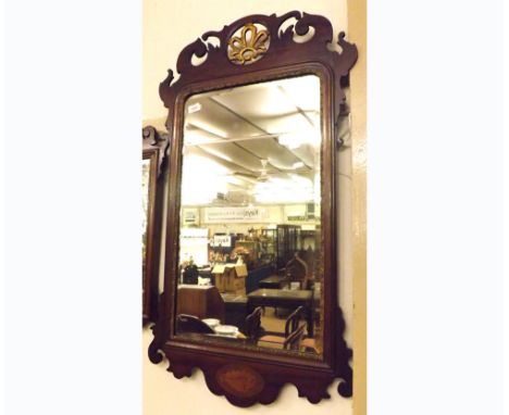 A Georgian Mahogany Fretwork Framed Mirror, the frame decorated with giltwood detail and shell inlay, 22” wide 
