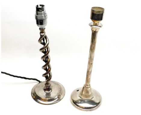 A Mixed Lot: a barley twist formed Silver Plated Electric Table Lamp and a further Silver Plated Table Lamp, both approximate