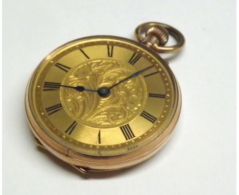 First quarter of 20th Century yellow metal cased fob watch, blued-steel spade hands to a gilded dial with engraved centre, bl