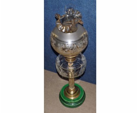 A 19th Century Oil Lamp, clear glass chimney, frosted glass shade, brass fittings, clear glass font, brass pedestal, raised o