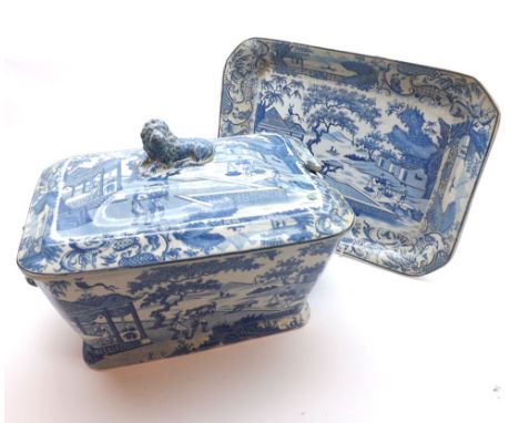 A large 19th Century Stevenson Blue and White Octagonal Covered Tureen and Stand, the lid with lion-shaped finial, decorated 