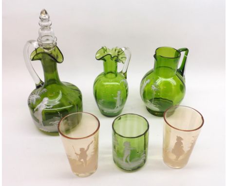 A small collection of various Mary Gregory type Glassware, includes a Green Glass Claret Jug with clear stopper; two further 