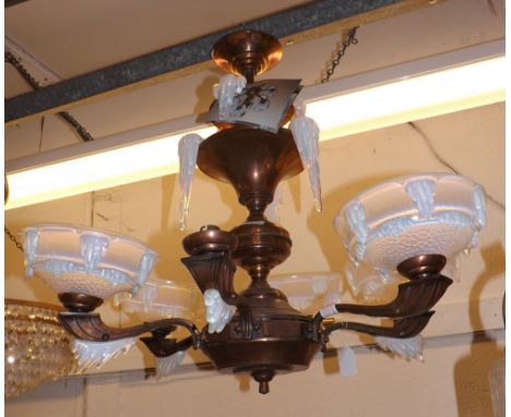 A French Art Deco Light Fitting by Ezan in icicles design, six metal branches with Vaseline glass shades, 27&rdquo; wide&nbsp