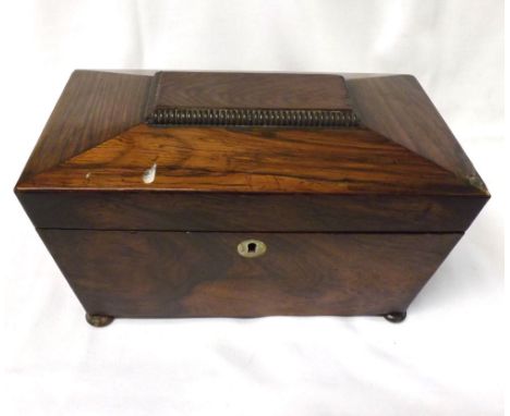 A 19th Century Rosewood Sarcophagus-formed Tea Caddy of typical form, lacking any interior fittings, raised on small bun feet