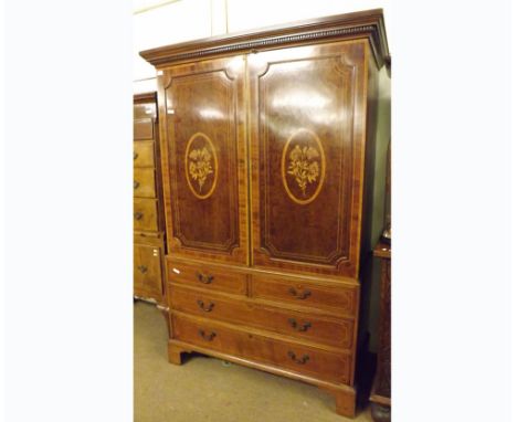 A good quality late 19th/early 20th Century Mahogany and inlaid Linen Press Cabinet, top section with dentil carved cornice a