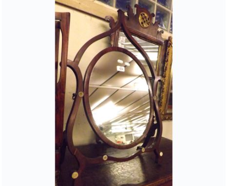 A 19th Century Mahogany Framed Dressing Table Mirror, elaborate shaped frame with ivory or bone roundel detail, 21” wide 