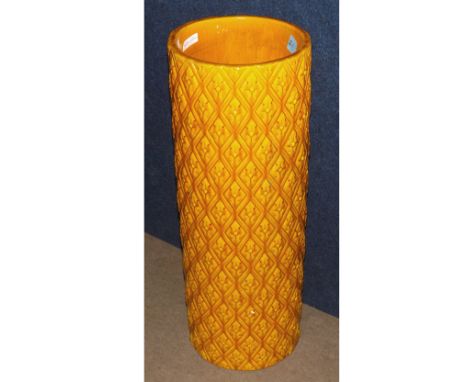 Large Burmantofts cylindrical formed stick stand decorated with a yellow glaze geometric design, (some chips to base), 24&rdq