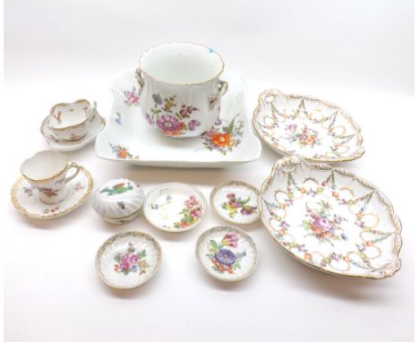 A Mixed Lot of 20th Century Floral Decorated Table Wares, to include pair of Dresden double-handled Dishes; a further Square 