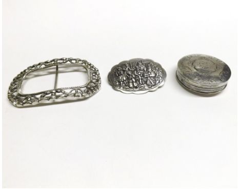 A Mixed Lot comprising: a small 19th Century Dutch white metal Small Round Hinged Compact, with bright-cut floral decoration;