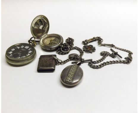 Mixed lot including a Second World War Nickel cased pocket watch, the black enamelled dial (with damage) inscribed “30 hour, 