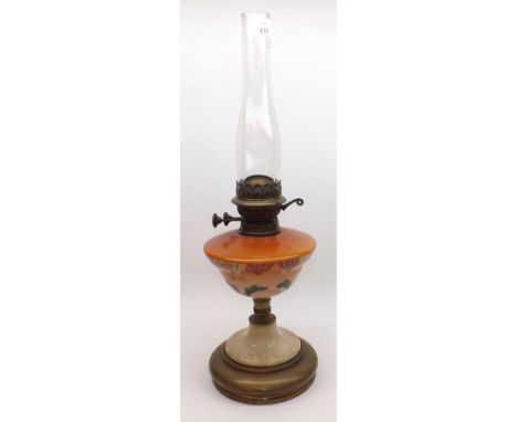 A late 19th/early 20th Century Oil Lamp with clear glass chimney, opaque floral decorated glass font and polished stone and m