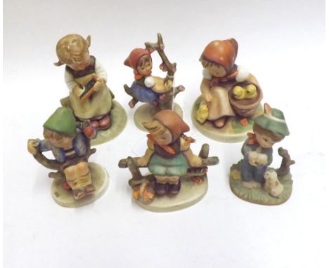 A collection of five Hummel Figures: Apple Tree Girl, Chick Girl, Apple Tree Boy (chipped), Just Resting (minor chip), Busy S