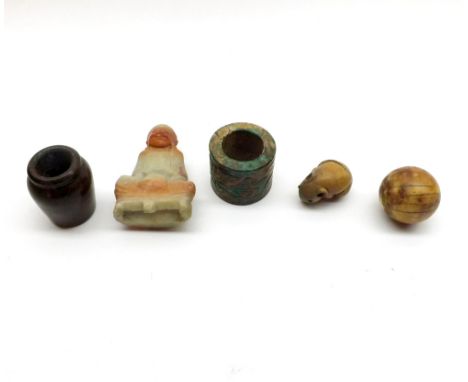 A Mixed Lot comprising: a small Cornish Serpentine Vase; a further Polished Hardstone Model Buddha; a contemporary Netsuke fo