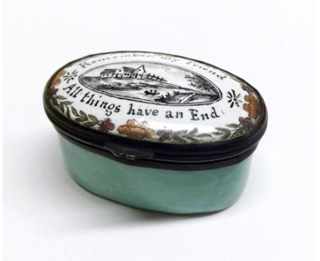 A Bilston type Enamelled Snuff Box, oval shaped, the enamelwork in good condition, the lid inscribed &ldquo;Remember My Frien