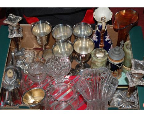 Two boxes of mixed glassware, silver plate etc to include; Marigold carnival glass vase, silver plated goblets, plaster figur