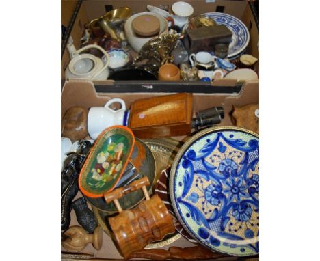 Two boxes of mixed china and sundries to include; ornaments, binoculars, miniature Toby jug, mantel clock, cow creamer etc 