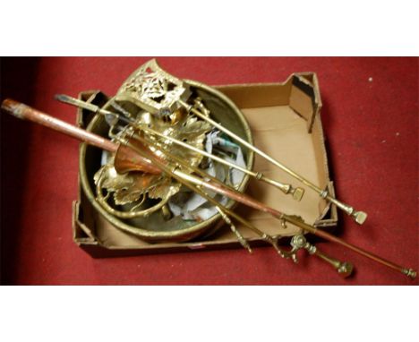 A box of miscellaneous metal wares to include turned brass fire tools, brass mounted copper horn etc