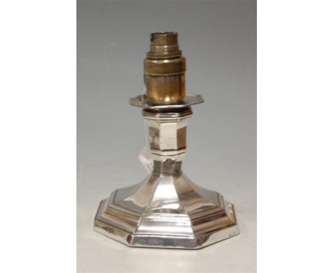 A silver candle stick converted to electricity and with solder repair, maker Elkington & Co, assayed Sheffield 1908