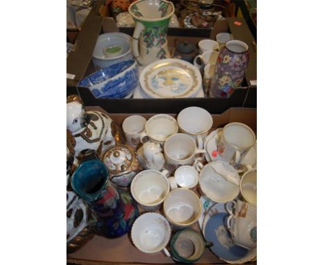 Two boxes of mixed chinaware to include; Staffordshire dogs, commemorative mugs, Copeland Spode bowl etc 