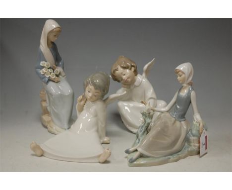 Two Lladro figures of cherubs and two other Lladro figures of girls (4)