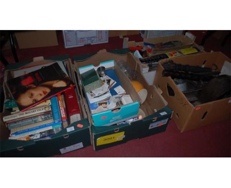 Five boxes of miscellaneous items to include; oak cased mantel clock, tea cards, antiques reference books etc 