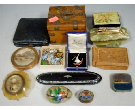 A mixed lot to include Victorian papier mache spectacle case, an oak and brass mounted moneybox, an onyx table cigarette ligh